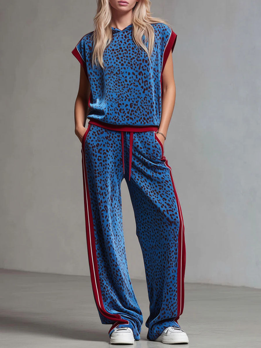 Cornelia - Hosen-Ensemble Western im Retro-Stil aus Samt Leopardenmuster mit Kapuze und ärmellosem Schnitt