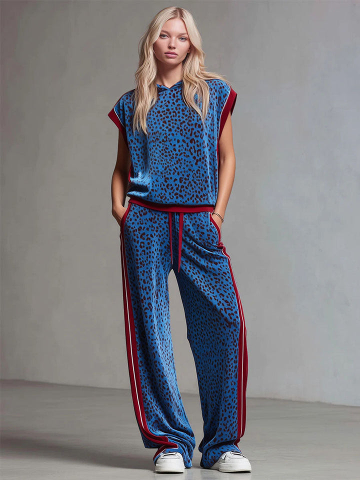 Cornelia - Hosen-Ensemble Western im Retro-Stil aus Samt Leopardenmuster mit Kapuze und ärmellosem Schnitt