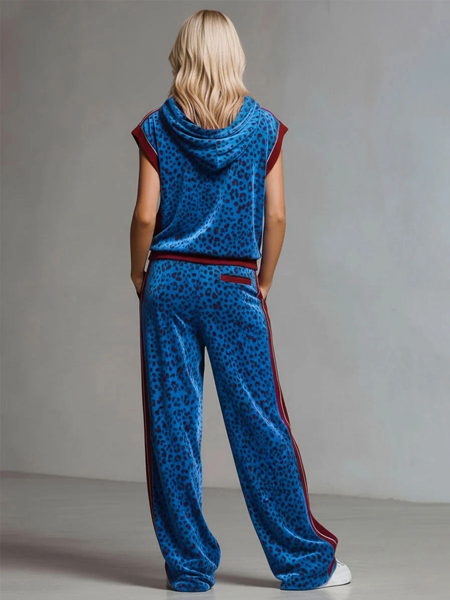 Cornelia - Hosen-Ensemble Western im Retro-Stil aus Samt Leopardenmuster mit Kapuze und ärmellosem Schnitt
