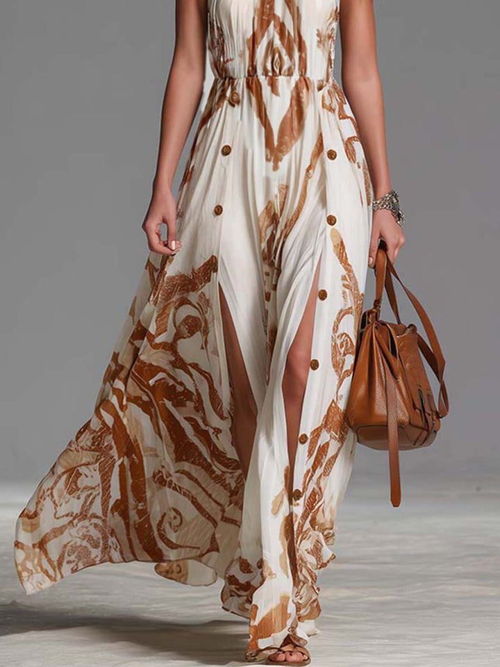 Maike - Maxikleid Western im Retro-Stil aus Chiffon abstrakt mit Schlitz und schulterfrei und ärmellos