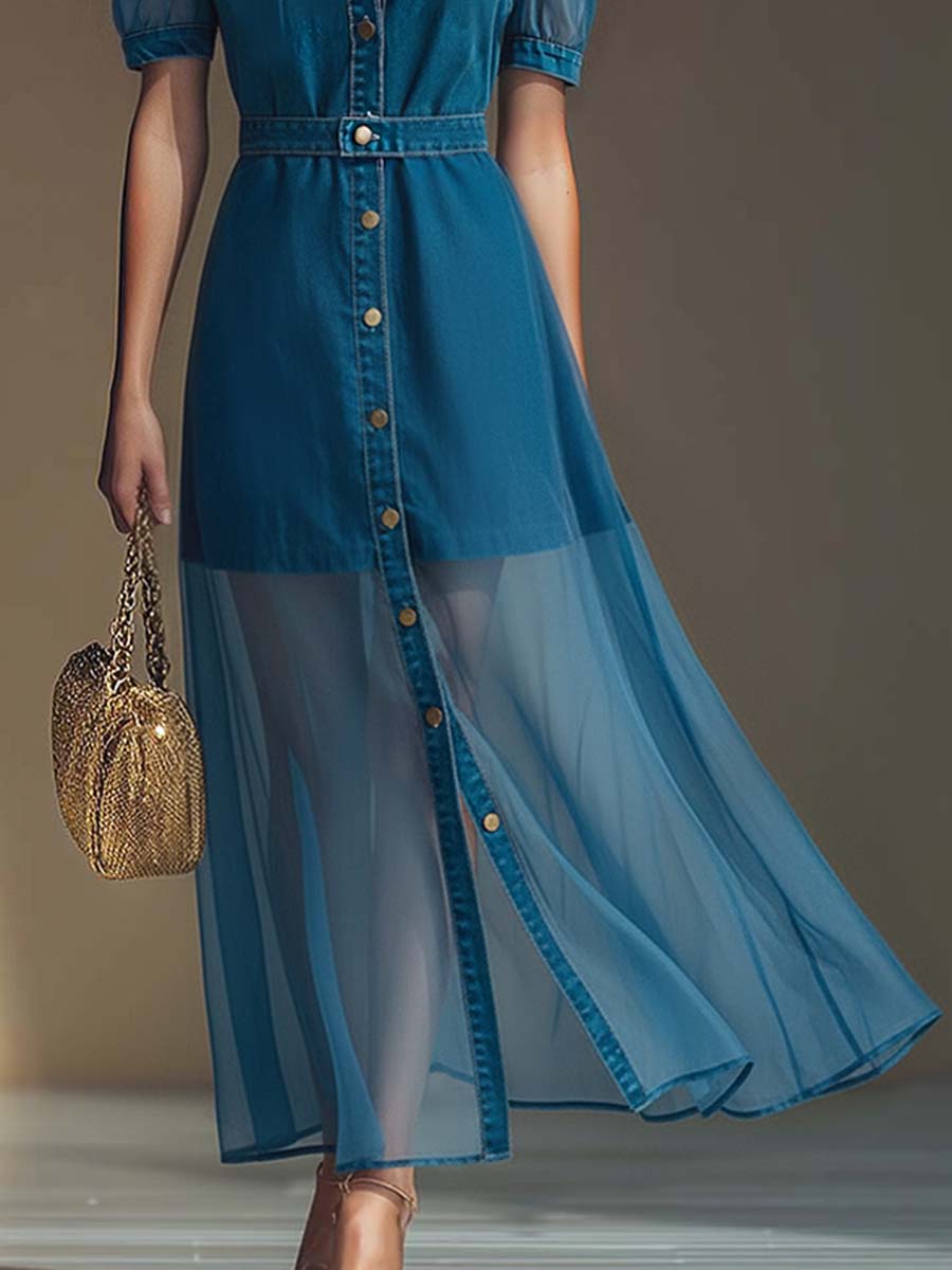 Mechthild - Maxikleid Western im Retro-Stil aus Jeansstoff mit V-Ausschnitt und Knöpfen mit Linie feminin