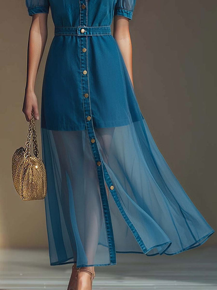 Mechthild - Maxikleid Western im Retro-Stil aus Jeansstoff mit V-Ausschnitt und Knöpfen mit Linie feminin