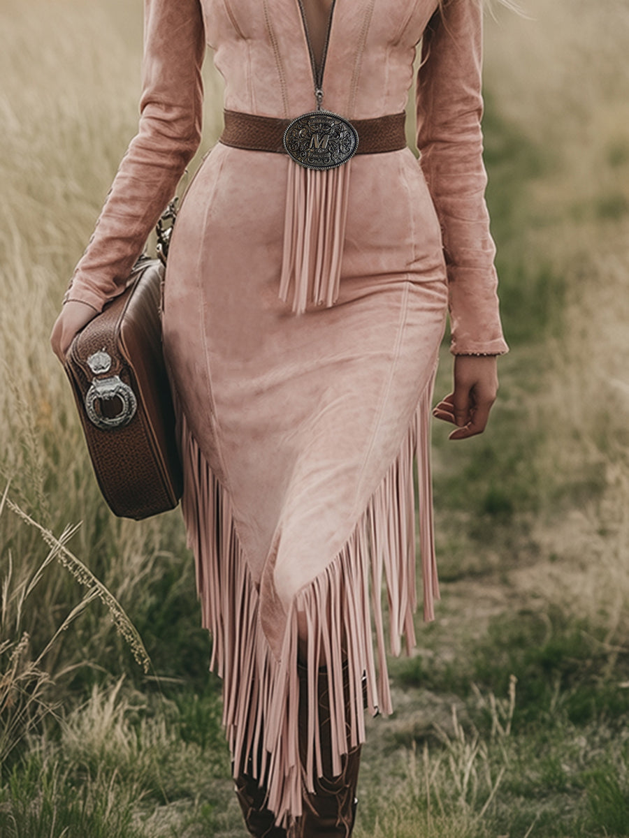 Karolina - Midikleid Western im Retro-Stil aus Kunstwildleder mit Fransen und V-Ausschnitt