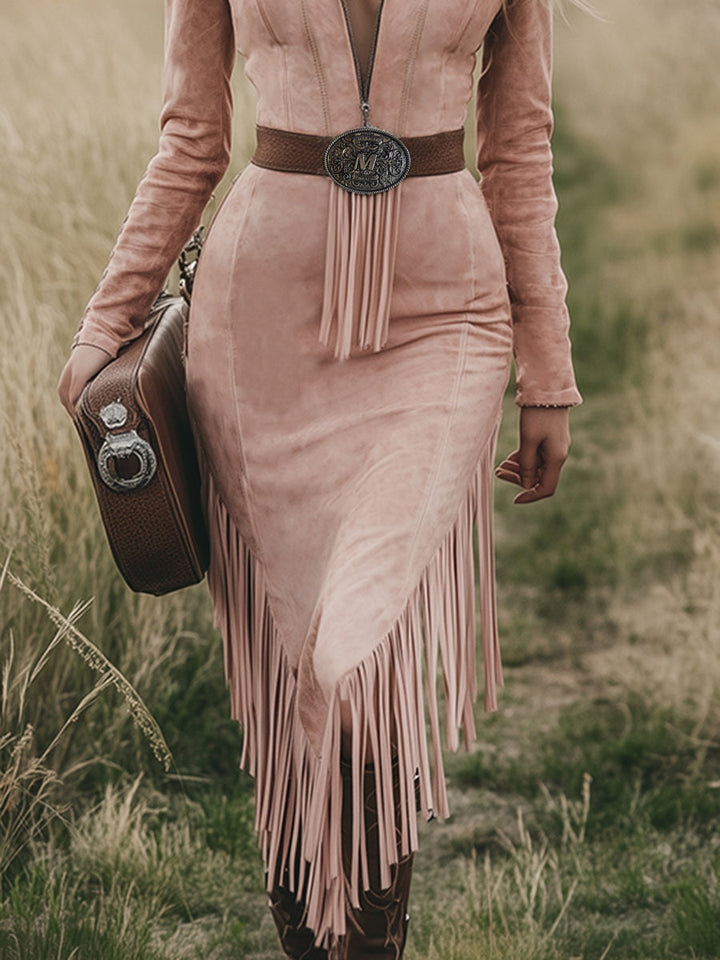 Karolina - Midikleid Western im Retro-Stil aus Kunstwildleder mit Fransen und V-Ausschnitt