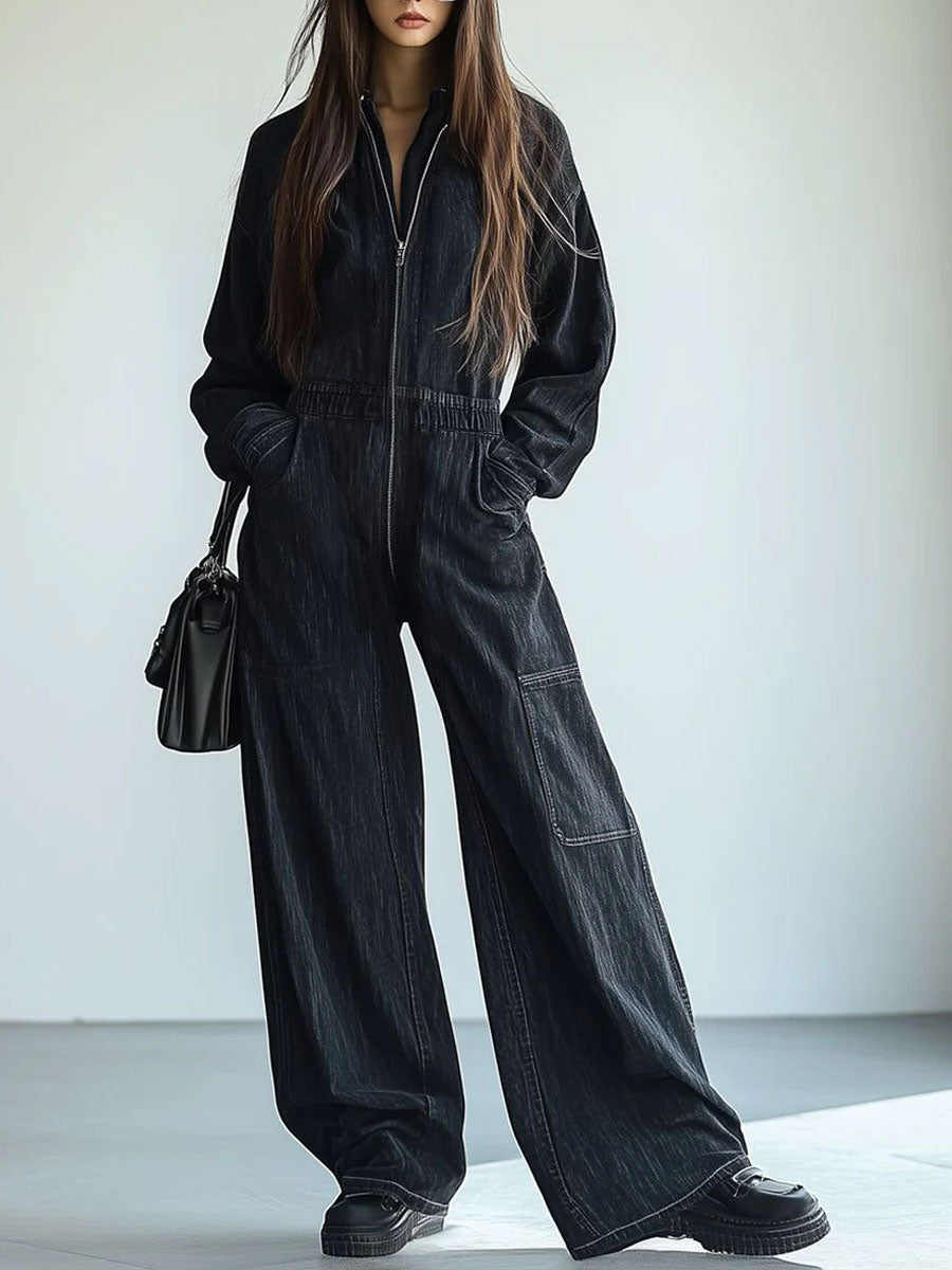 Monika - Overall lässig Retro aus Jeansstoff mit Reißverschluss und Kragen