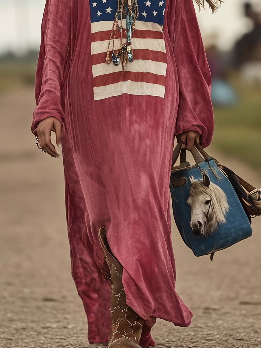 Christel - Maxikleid lässig Retro aus Leinen abstrakt mit V-Ausschnitt