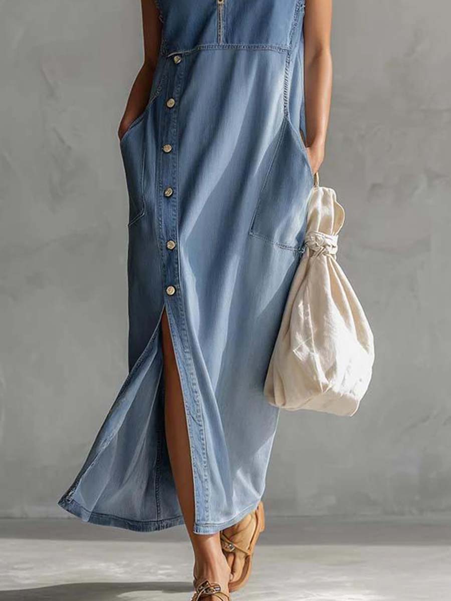 Nadja - Midikleid lässig Retro aus Jeansstoff Farbverlauf mit Reißverschluss und V-Ausschnitt und ärmellosem Schnitt
