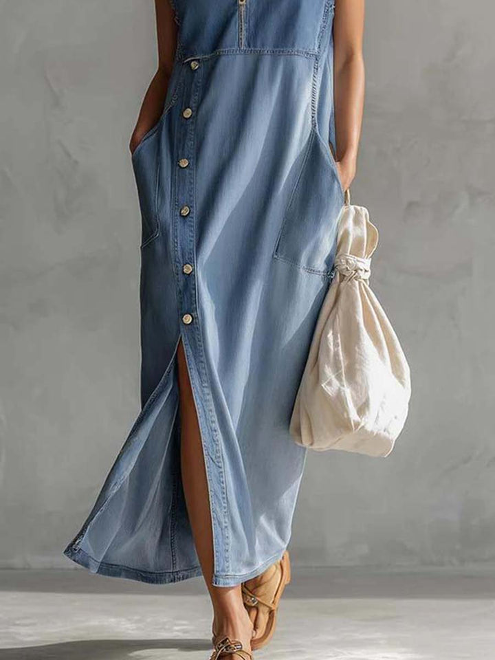 Nadja - Midikleid lässig Retro aus Jeansstoff Farbverlauf mit Reißverschluss und V-Ausschnitt und ärmellosem Schnitt