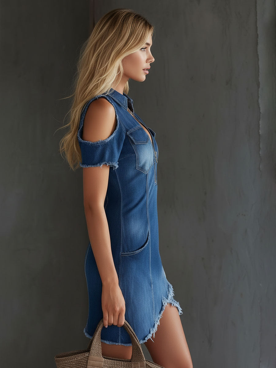 Edda - Minikleid Western im Retro-Stil aus Jeansstoff mit Reißverschluss und Kragen