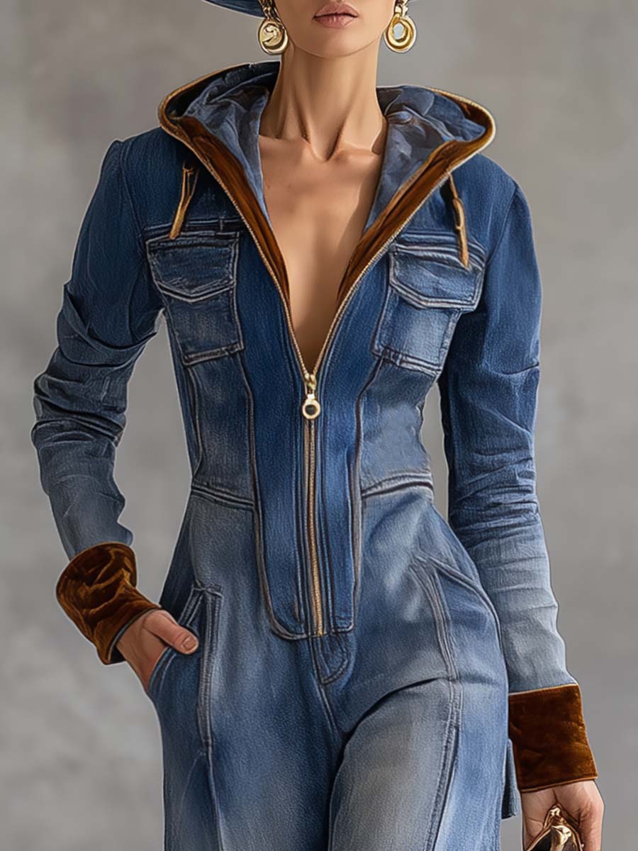 Sofia - Overall lässig Retro aus Jeansstoff im Farbblock-Design mit Reißverschluss und V-Ausschnitt