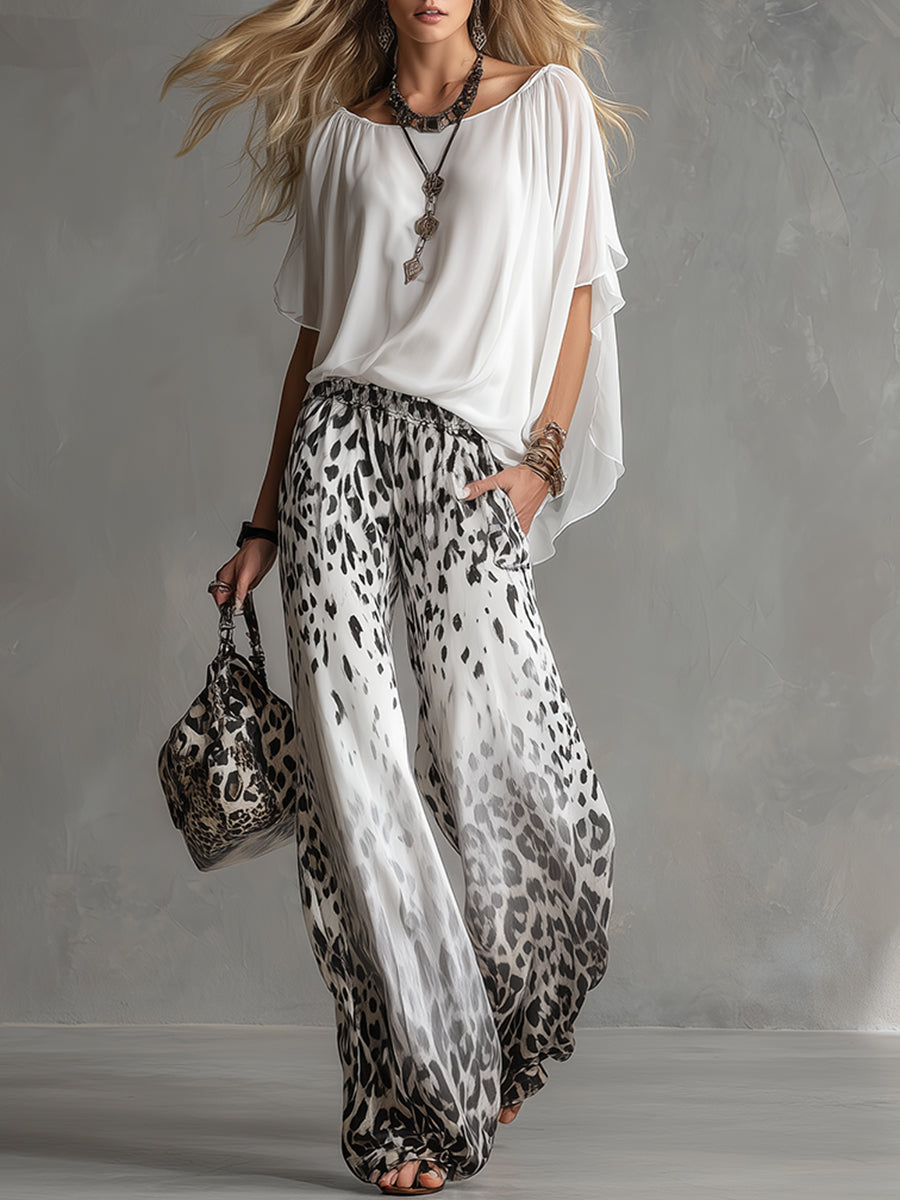 Henrike - Ensemble mit shorts für den Alltag aus Chiffon Leopardenmuster