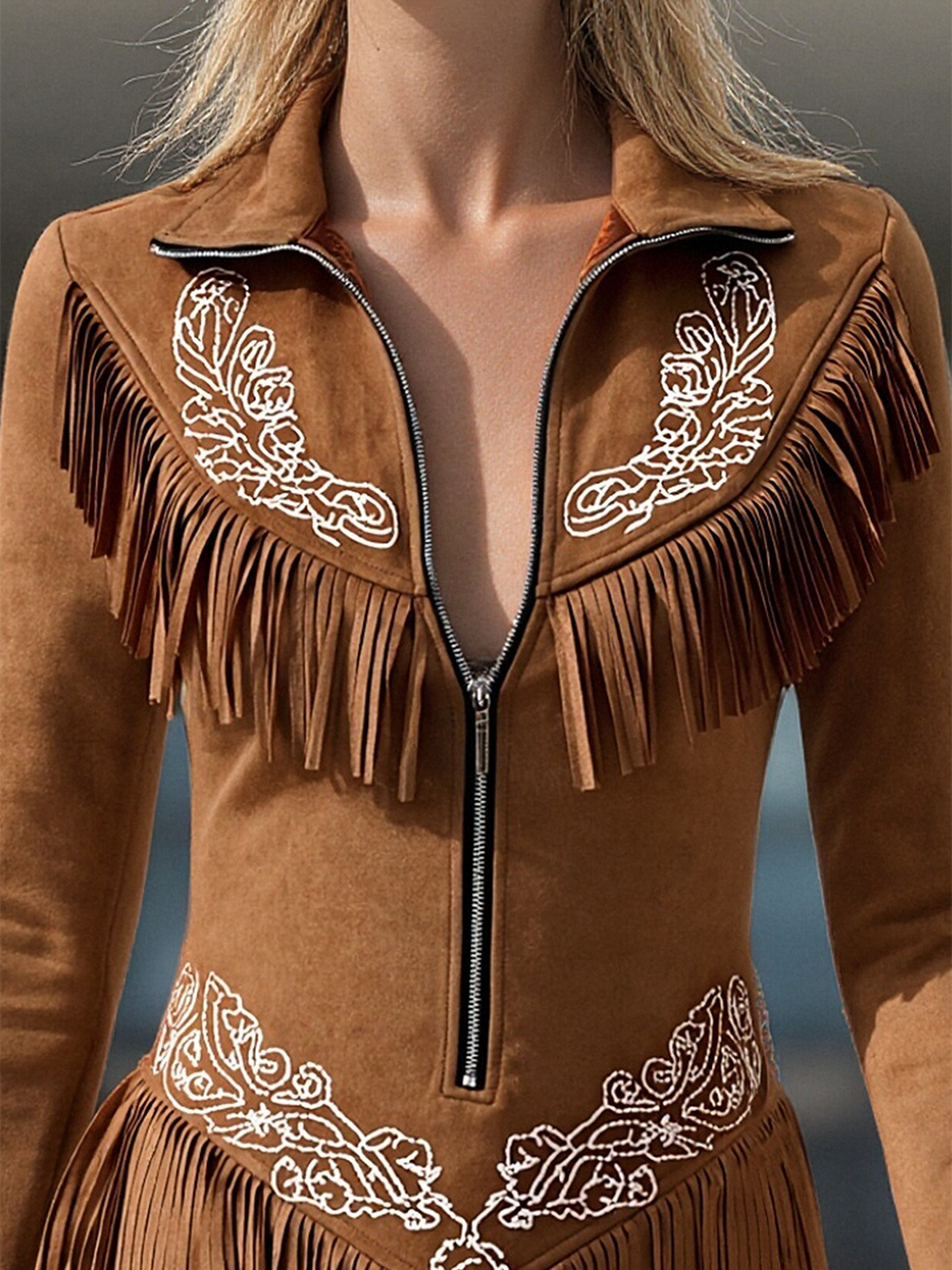 Rafaela - Minikleid Western im Retro-Stil aus Kunstwildleder mit Reißverschluss und Fransen bestickt