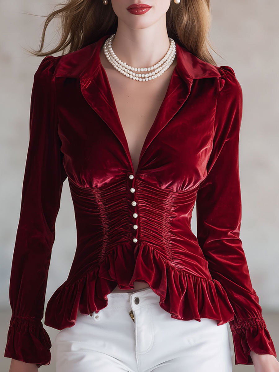 Angelika - Bluse Western im Retro-Stil aus Samt mit Volants und V-Ausschnitt plissiert