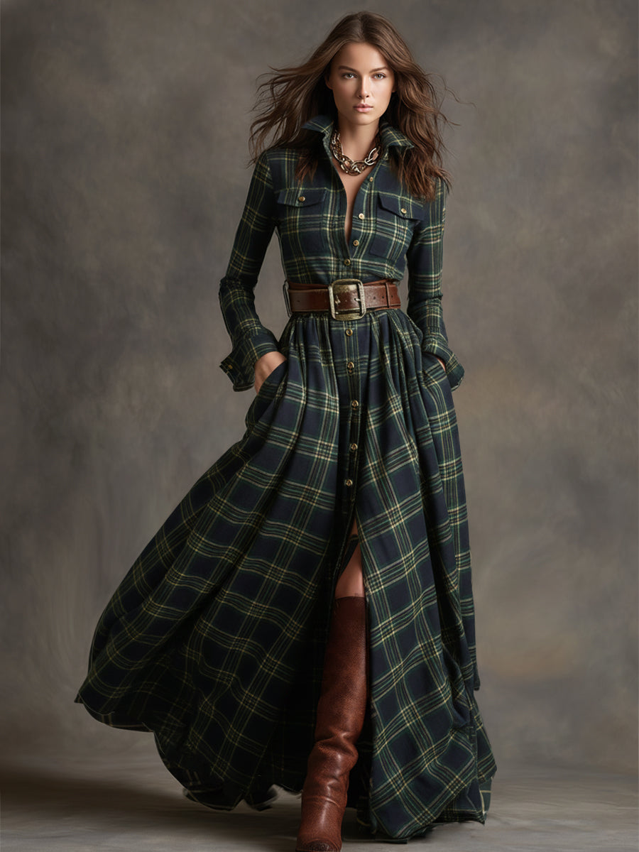 Anke - Maxikleid Western im Retro-Stil aus Leinen kariert mit Kragen