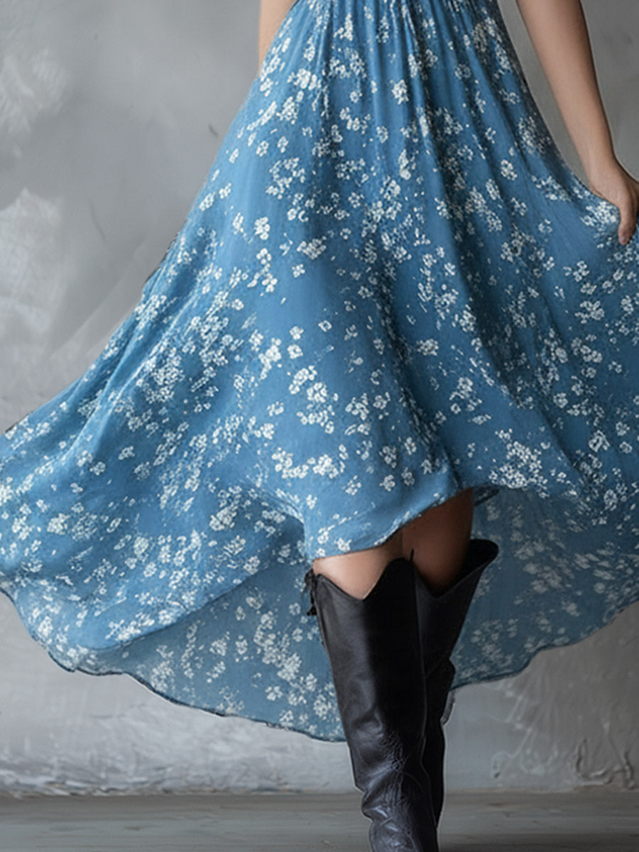 Inga - Maxikleid Western im Retro-Stil aus Chiffon Blumenmuster ärmellos