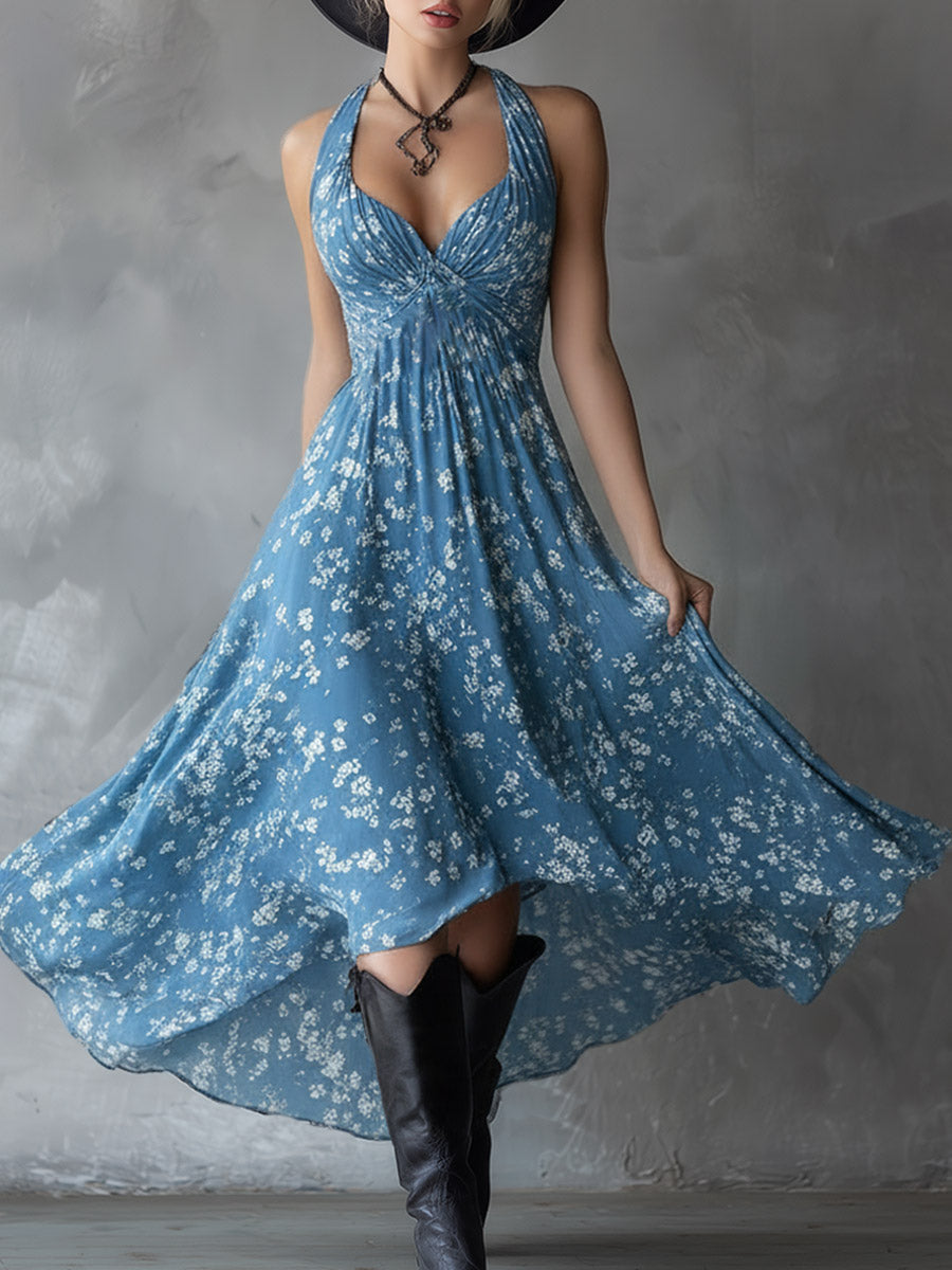 Inga - Maxikleid Western im Retro-Stil aus Chiffon Blumenmuster ärmellos
