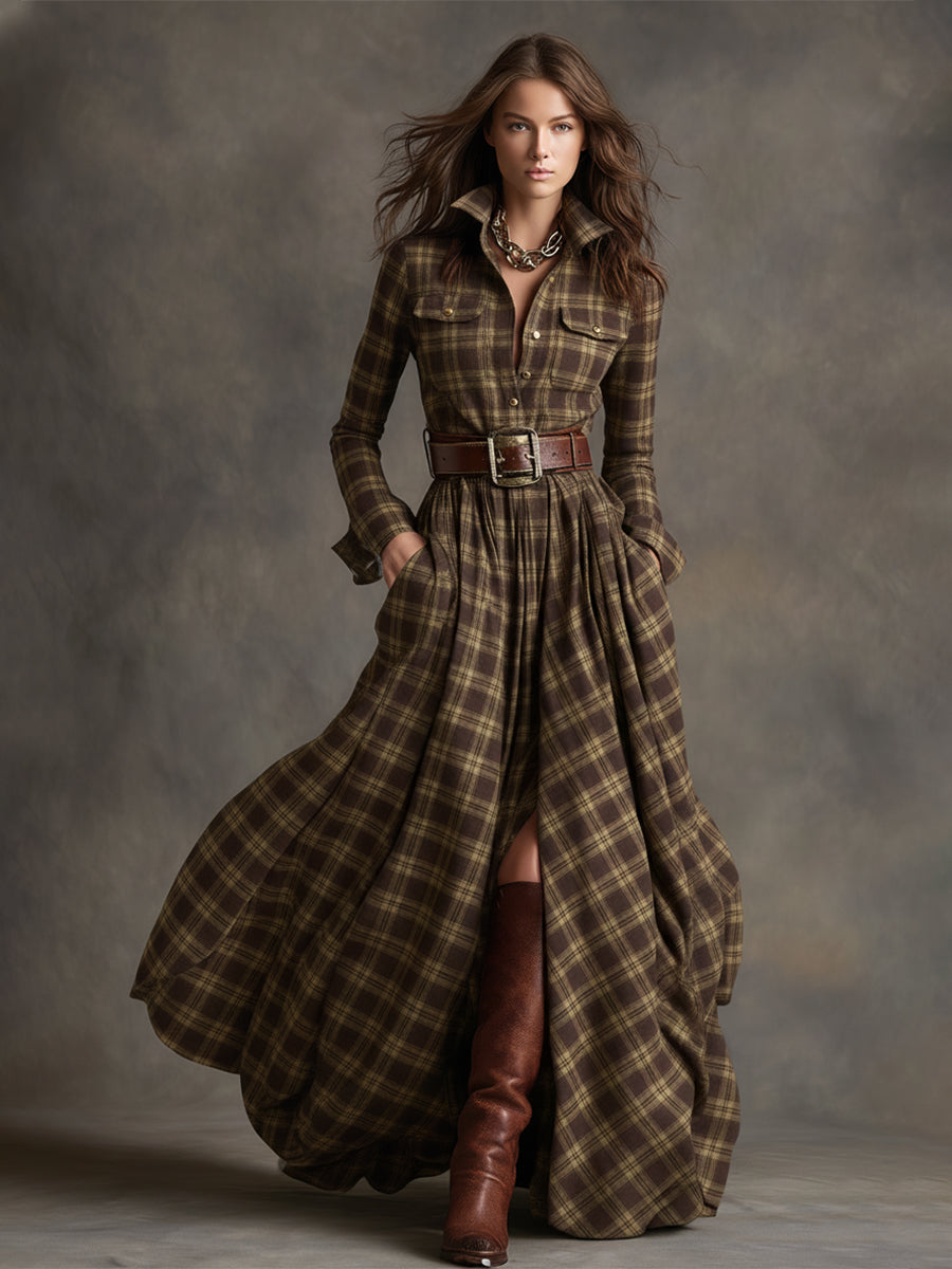 Anke - Maxikleid Western im Retro-Stil aus Leinen kariert mit Kragen