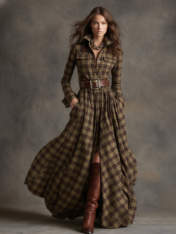 Anke - Maxikleid Western im Retro-Stil aus Leinen kariert mit Kragen
