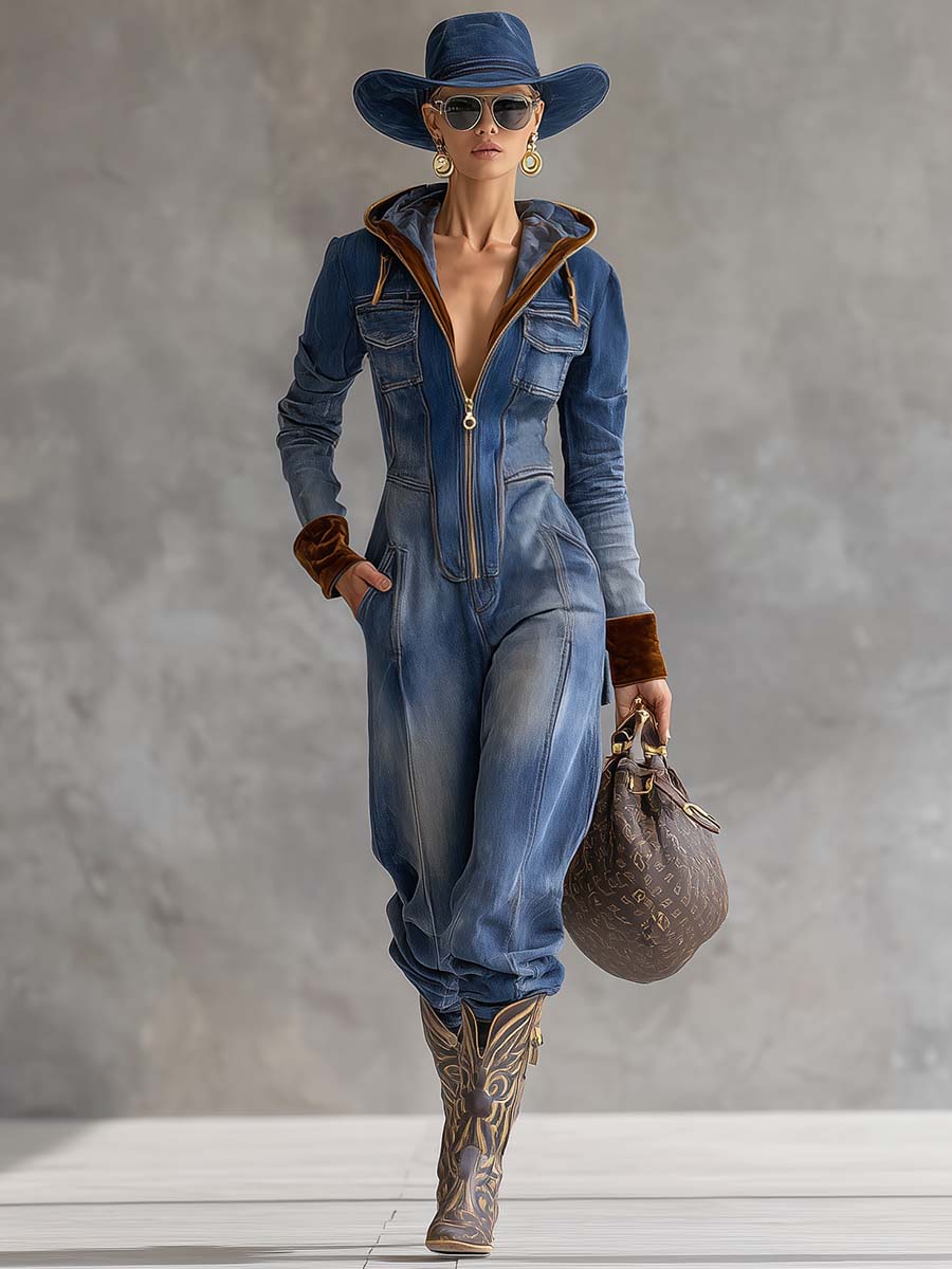 Sofia - Overall lässig Retro aus Jeansstoff im Farbblock-Design mit Reißverschluss und V-Ausschnitt