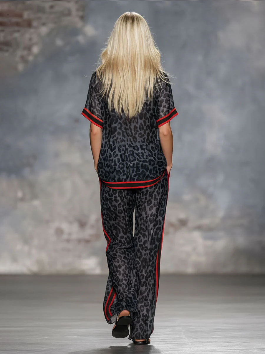 Henriette - Ensemble mit shorts sportlich aus Chiffon Leopardenmuster mit V-Ausschnitt