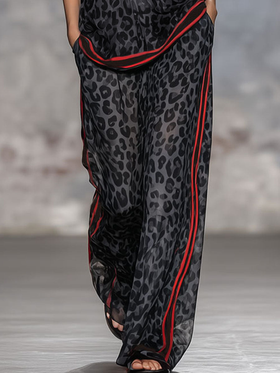 Henriette - Ensemble mit shorts sportlich aus Chiffon Leopardenmuster mit V-Ausschnitt