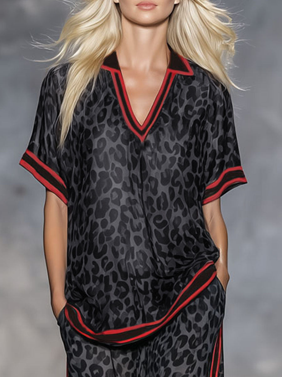 Henriette - Ensemble mit shorts sportlich aus Chiffon Leopardenmuster mit V-Ausschnitt