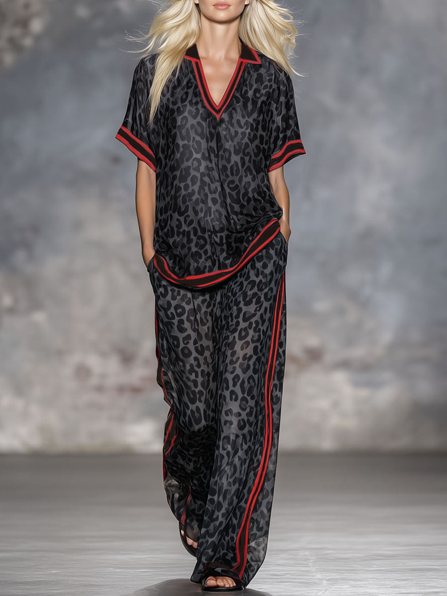 Henriette - Ensemble mit shorts sportlich aus Chiffon Leopardenmuster mit V-Ausschnitt