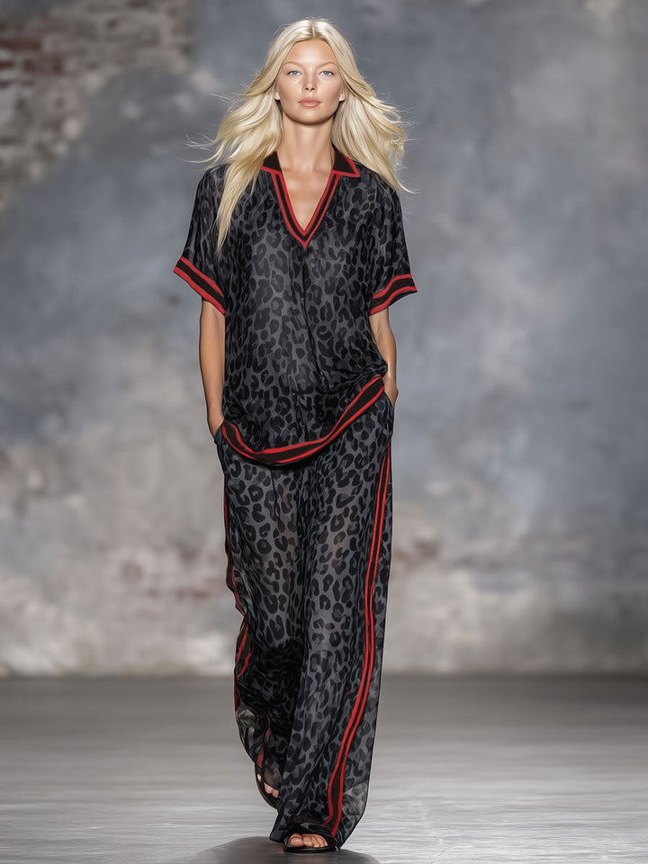 Henriette - Ensemble mit shorts sportlich aus Chiffon Leopardenmuster mit V-Ausschnitt