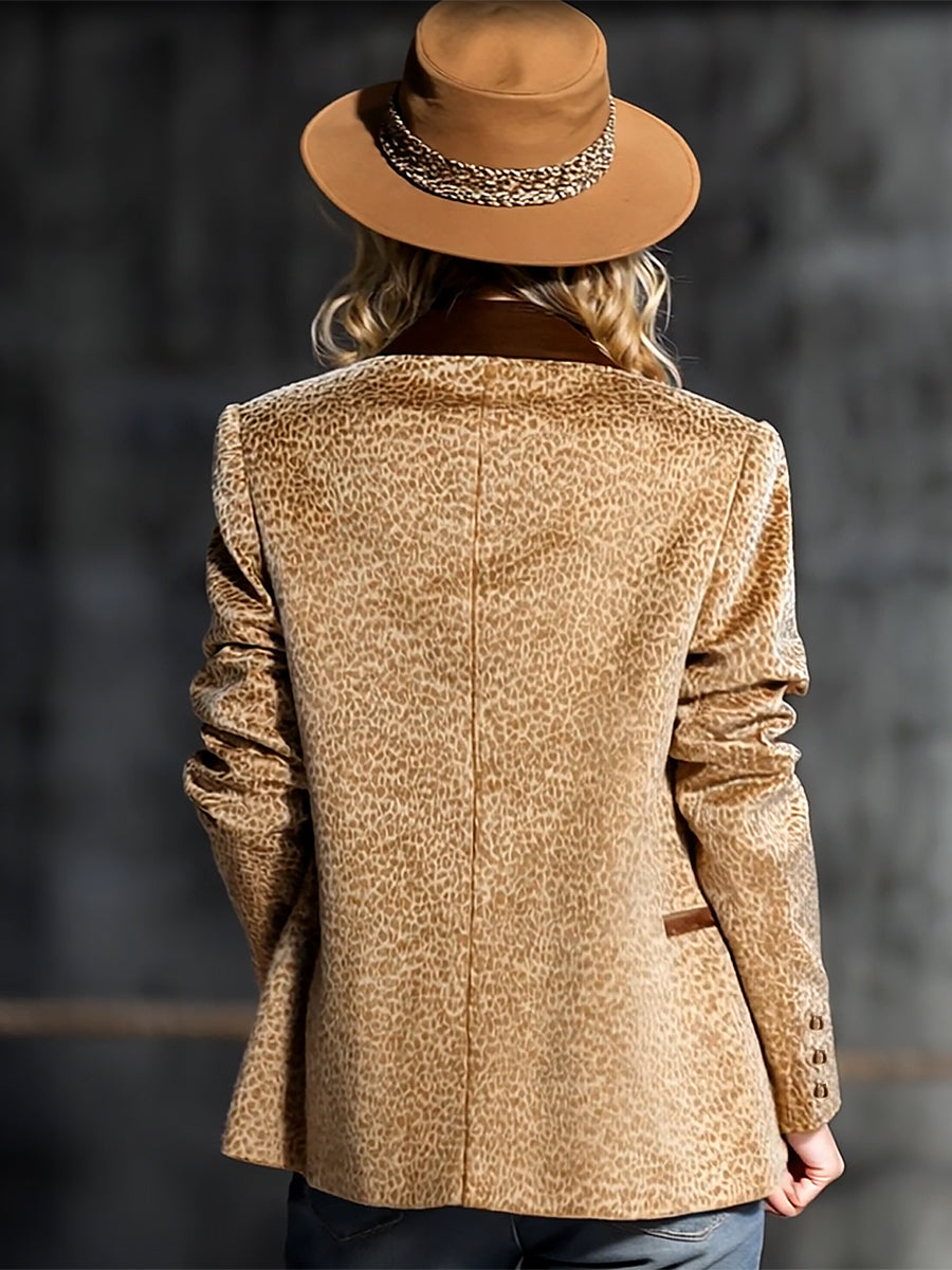 Rosina - Jacke Western im Retro-Stil aus Samt Leopardenmuster mit Kragen und V-Ausschnitt