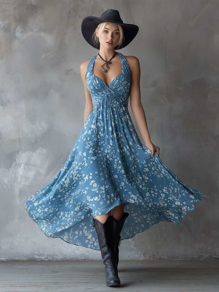 Inga - Maxikleid Western im Retro-Stil aus Chiffon Blumenmuster ärmellos