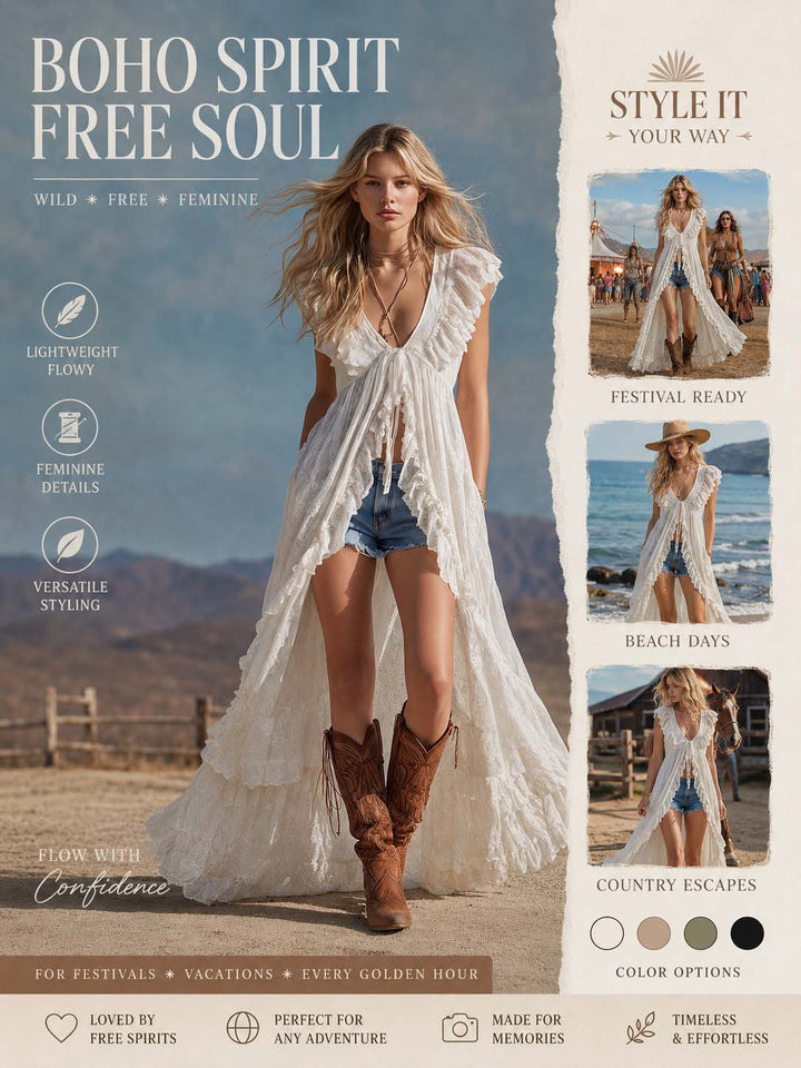 Jana - Maxikleid Western im Retro-Stil aus Spitze mit Volants und V-Ausschnitt und ärmellosem Schnitt