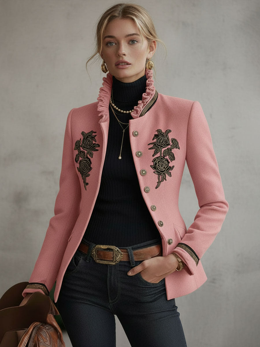 Mia - Jacke aus Leinen Blumenmuster mit Volants und Kragen bestickt