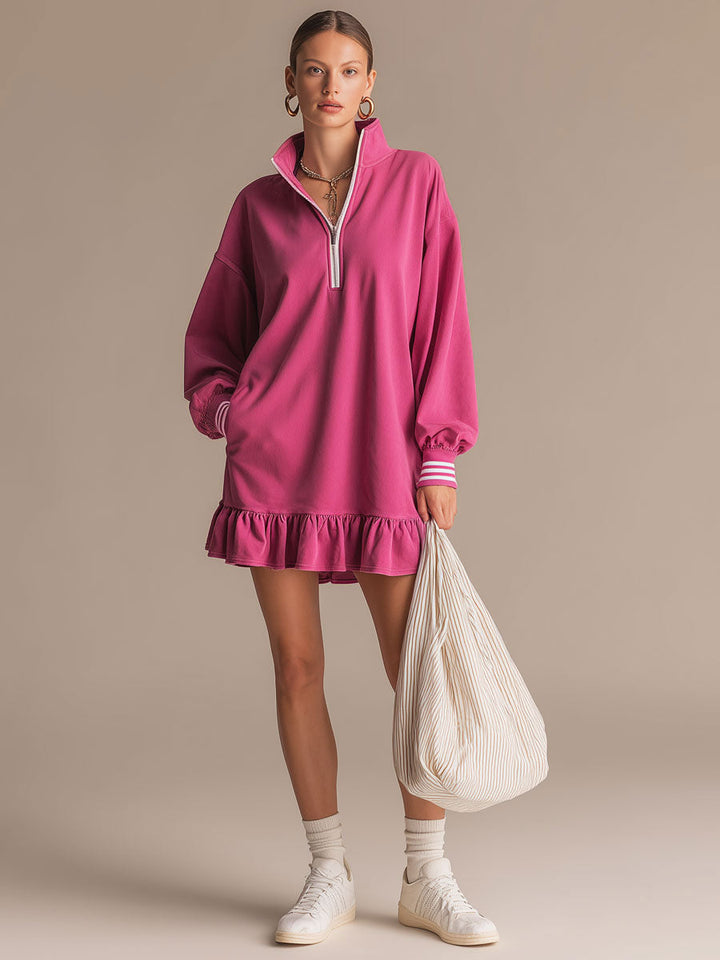 Janina - Minikleid sportlich im Retro-Stil aus technischem Gewebe gestreift mit Reißverschluss und Volants