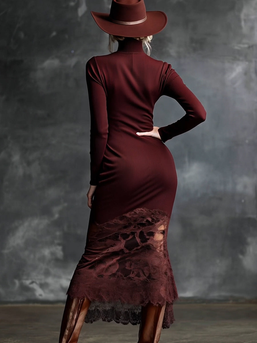 Edeltraud - Elegantes Maxikleid Western aus Strick mit Einsätzen aus Spitze