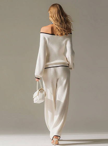 Jasmin - Elegantes Hosen-Ensemble für den Alltag aus Strick gestreift und schulterfrei und ärmellos