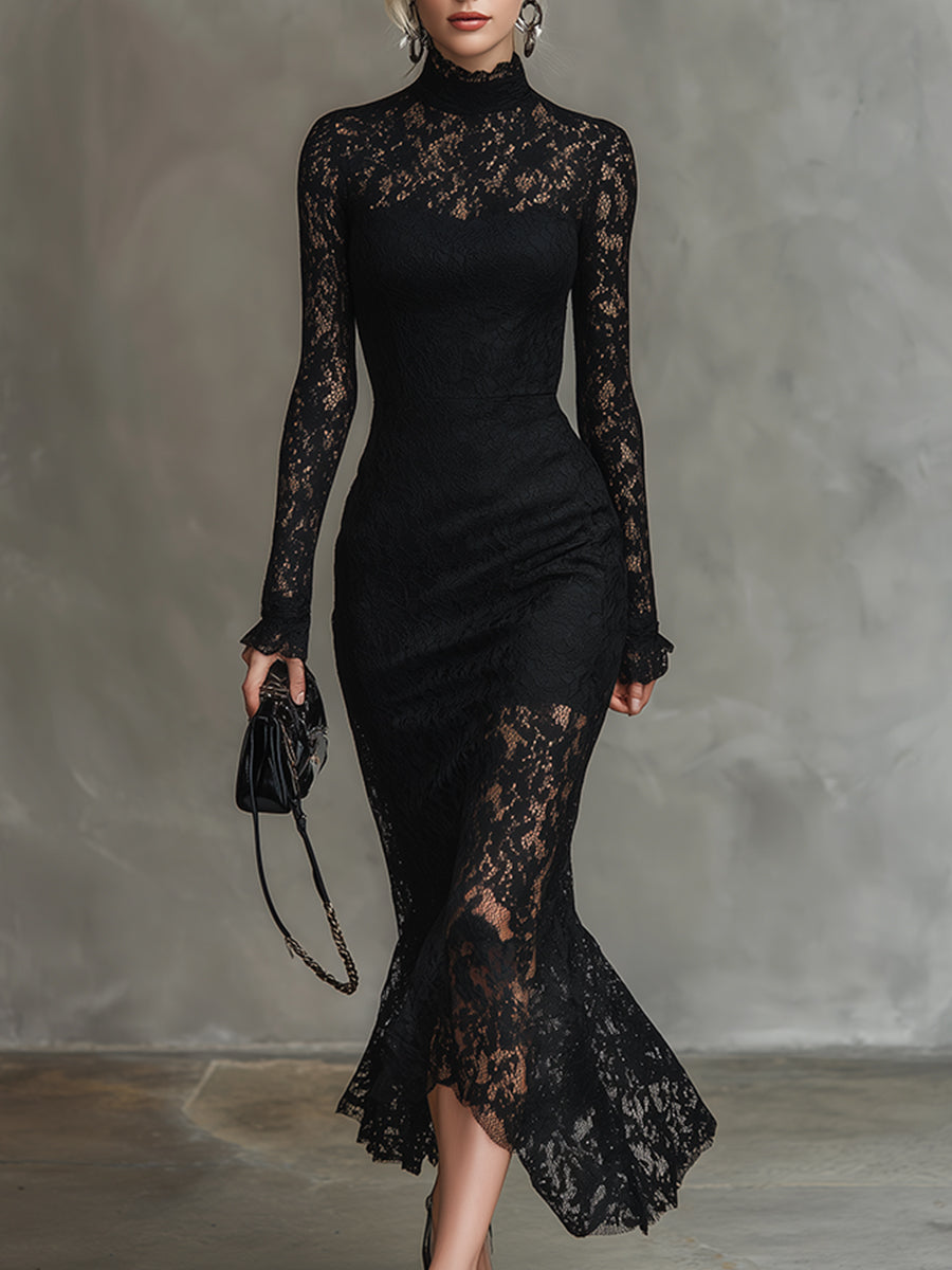 Julia - Elegantes Maxikleid für besondere Abende aus Spitze mit Kragen und Einsätze aus Spitze