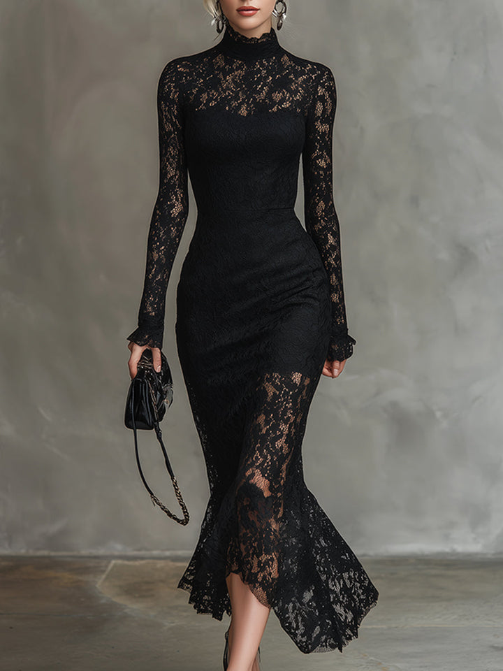 Julia - Elegantes Maxikleid für besondere Abende aus Spitze mit Kragen und Einsätze aus Spitze