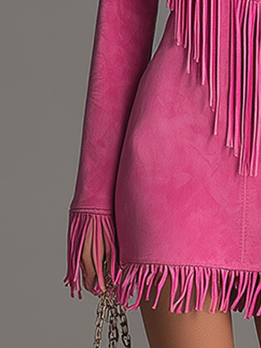 Käthe - Minikleid Western im Retro-Stil aus Kunstwildleder mit Fransen und V-Ausschnitt bestickt