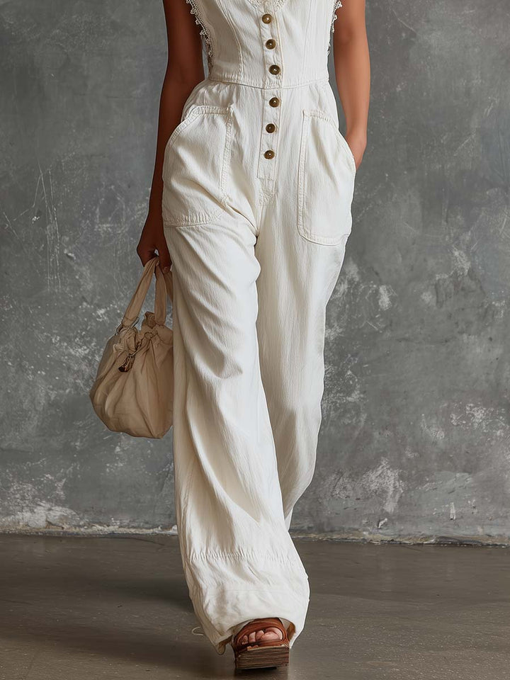 Mayla - Overall elegant im Retro-Stil aus Leinen mit V-Ausschnitt und Knöpfen ärmellos