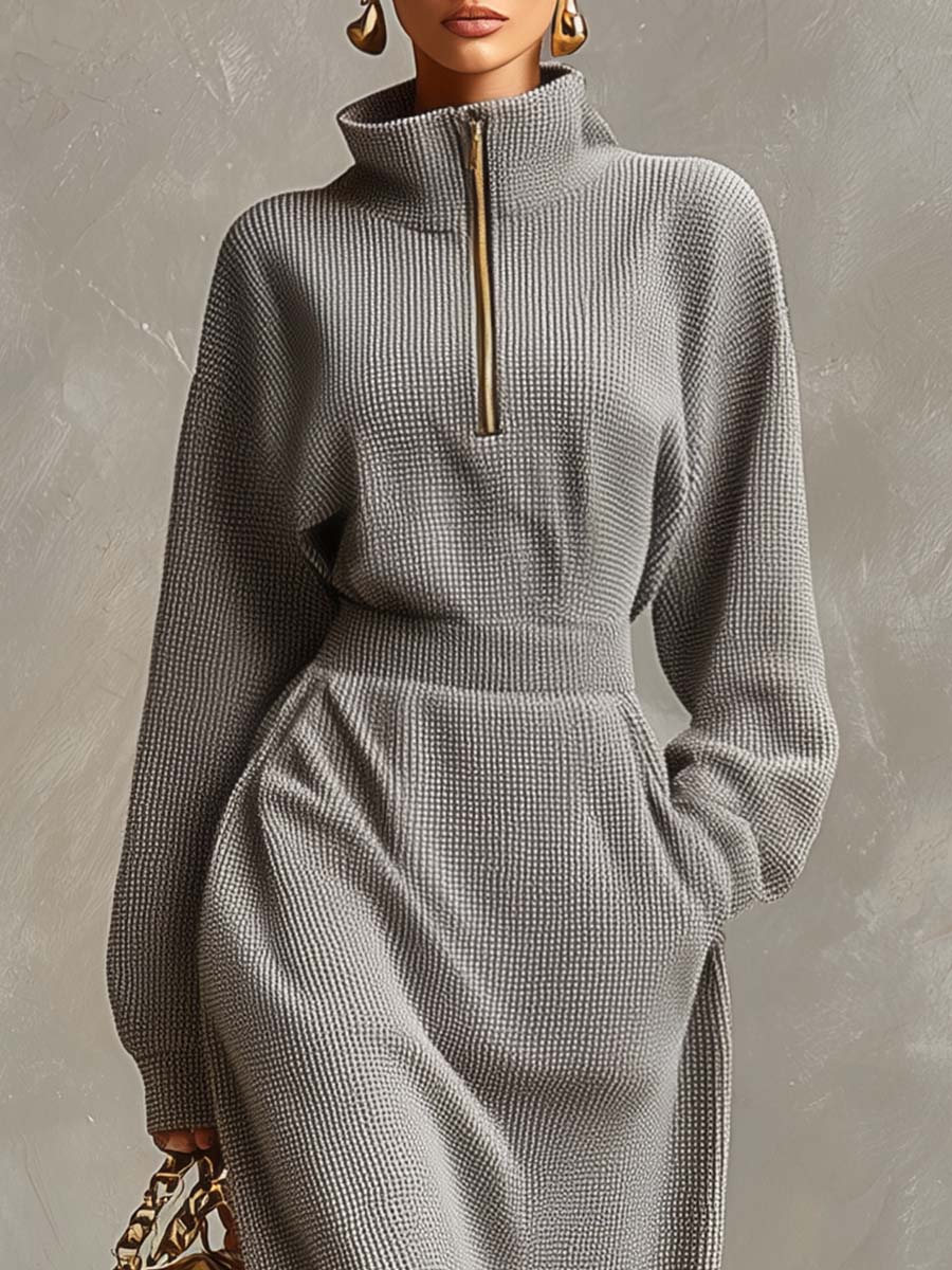 Martha - Maxikleid lässig sportlich aus technischem Gewebe mit Reißverschluss und Kragen