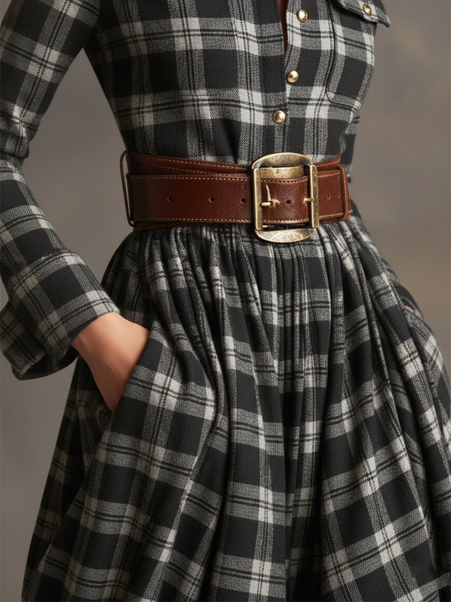Anke - Maxikleid Western im Retro-Stil aus Leinen kariert mit Kragen