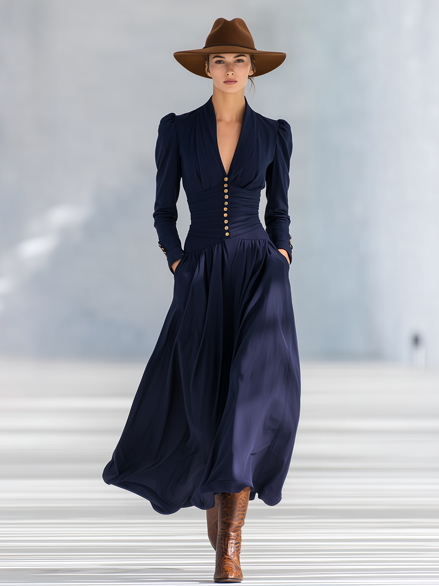 Michaela - Elegantes Maxikleid Retro aus Leinen mit V-Ausschnitt und Knöpfen