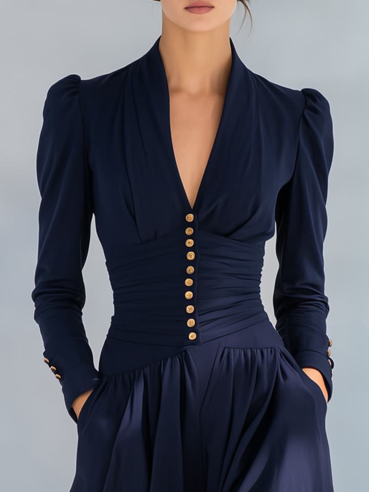 Michaela - Elegantes Maxikleid Retro aus Leinen mit V-Ausschnitt und Knöpfen
