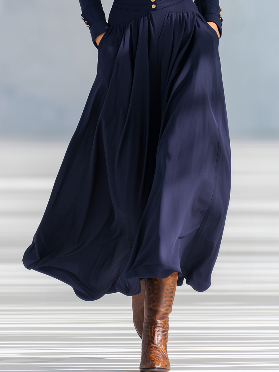 Michaela - Elegantes Maxikleid Retro aus Leinen mit V-Ausschnitt und Knöpfen
