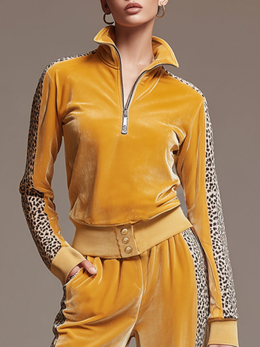 Nieke - Lässiges Hosen-Ensemble Retro aus Samt Leopardenmuster mit Kragen