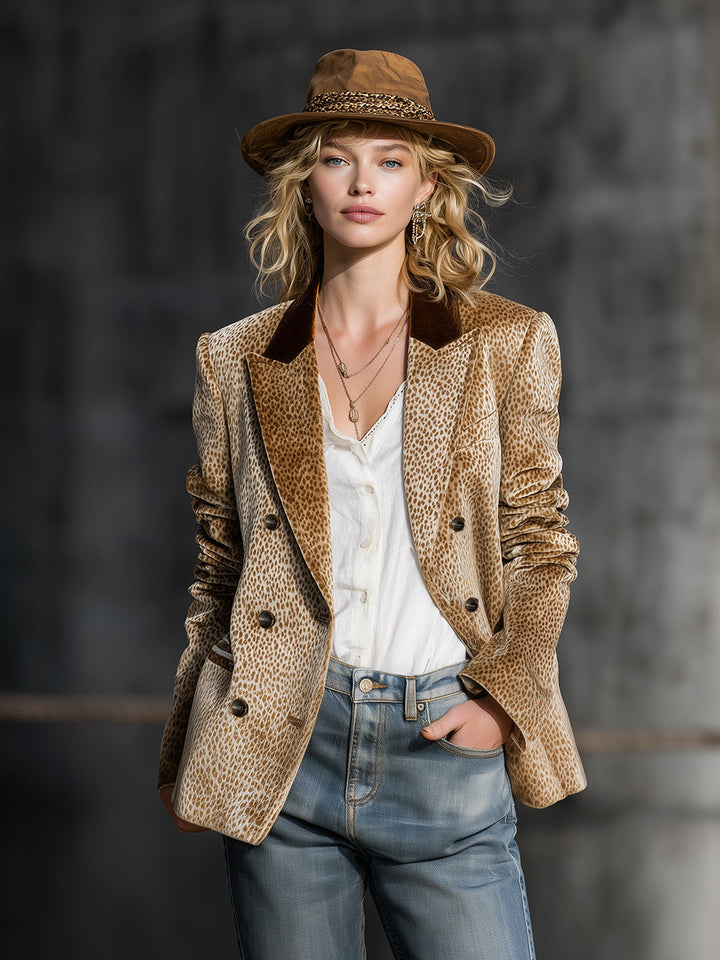 Rosina - Jacke Western im Retro-Stil aus Samt Leopardenmuster mit Kragen und V-Ausschnitt