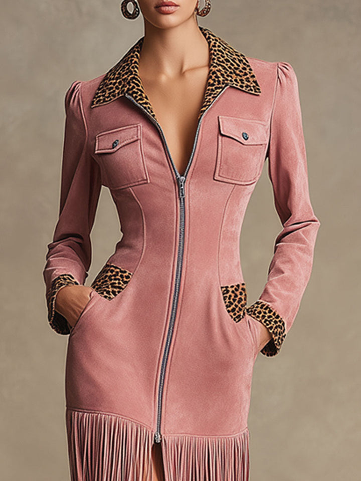 Cäcilia - Midikleid Western im Retro-Stil aus Kunstwildleder Leopardenmuster mit Reißverschluss und Fransen