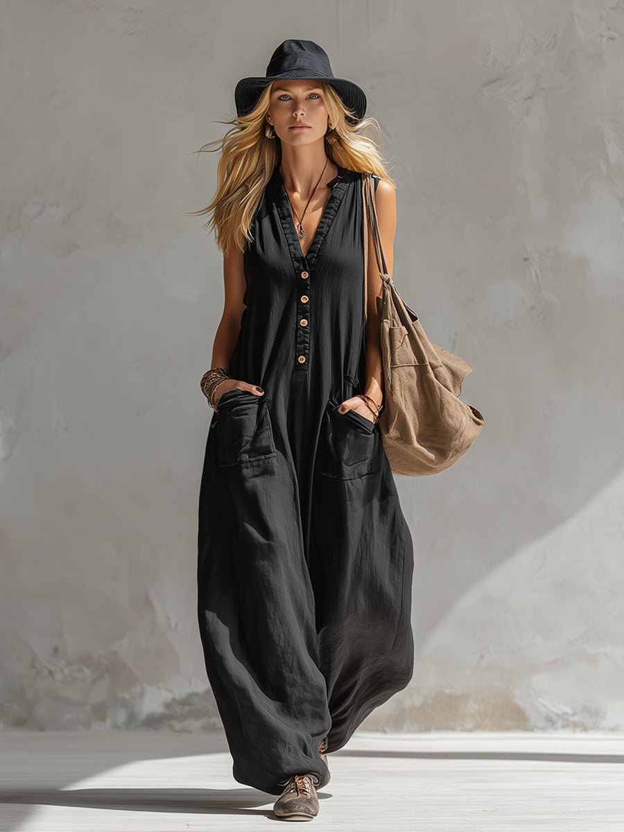 Magdalena - Overall elegant für den Alltag aus Leinen mit V-Ausschnitt und ärmellosem Schnitt