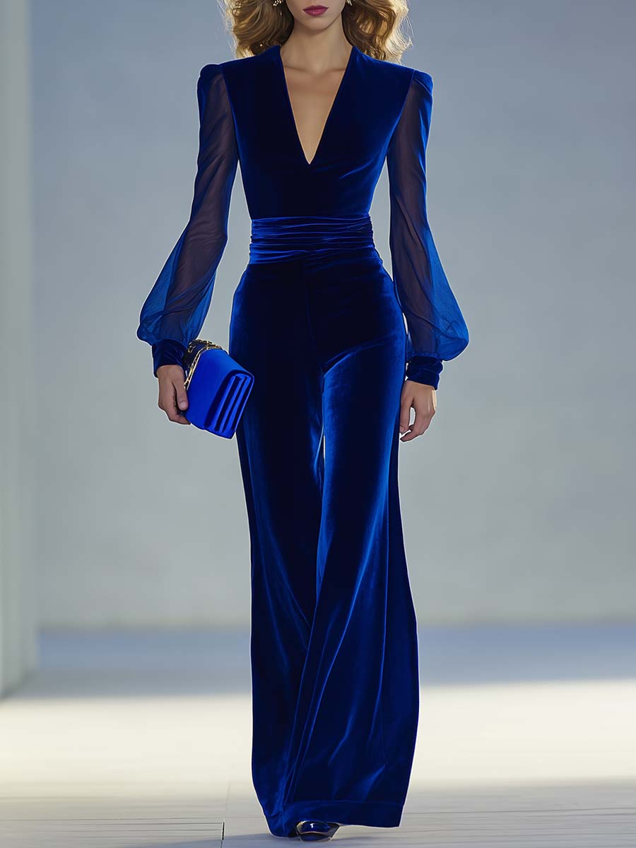 Valentina - Overall elegant im Retro-Stil aus Samt mit V-Ausschnitt und Einsätze durchbrochene Details