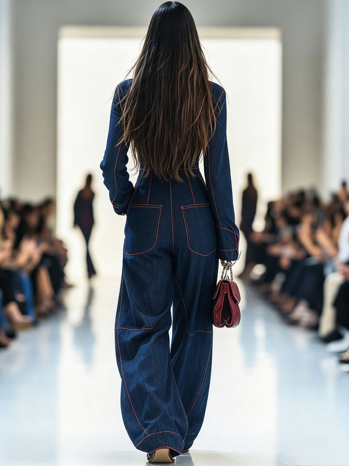 Gertrud - Overall lässig Retro aus Jeansstoff gestreift mit V-Ausschnitt